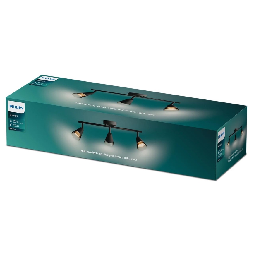 Trojramenné čierne bodové svetlo s drevenými detailmi je zobrazené na zelenej krabici Philips. Krabica obsahuje popis: Spotlight, Clear, Bulb out, Black, 3 Arm. Na krabici je uvedené: High quality lamp, designed for any light effect.