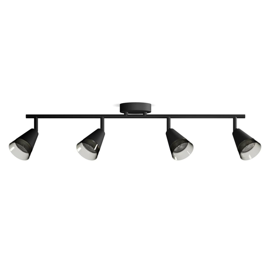 Čierno sfarbená stropná lampa s tromi otočnými reflektormi s kužeľovitými tienidlami je pripevnená na čiernej lište. Reflektory sú smerované dopredu. Lampa je na bielom pozadí.