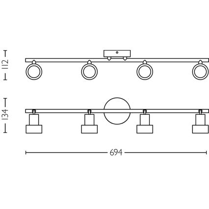 Technický výkres štvorbodového stropného svietidla s rozmermi 694 x 134 x 112 mm. Svietidlo je znázornené v dvoch pohľadoch.