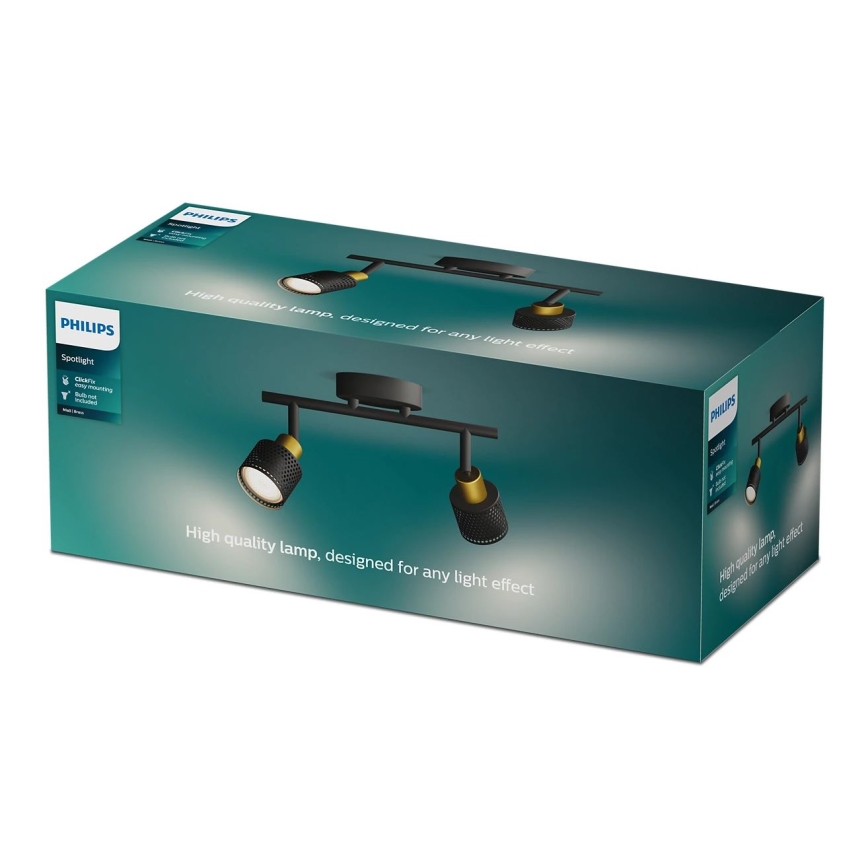 Dvojité bodové svetlo Philips je zobrazené v balení. Svetlo má čierny rám a zlaté detaily. Balenie uvádza: „High quality lamp, designed for any light effect“.