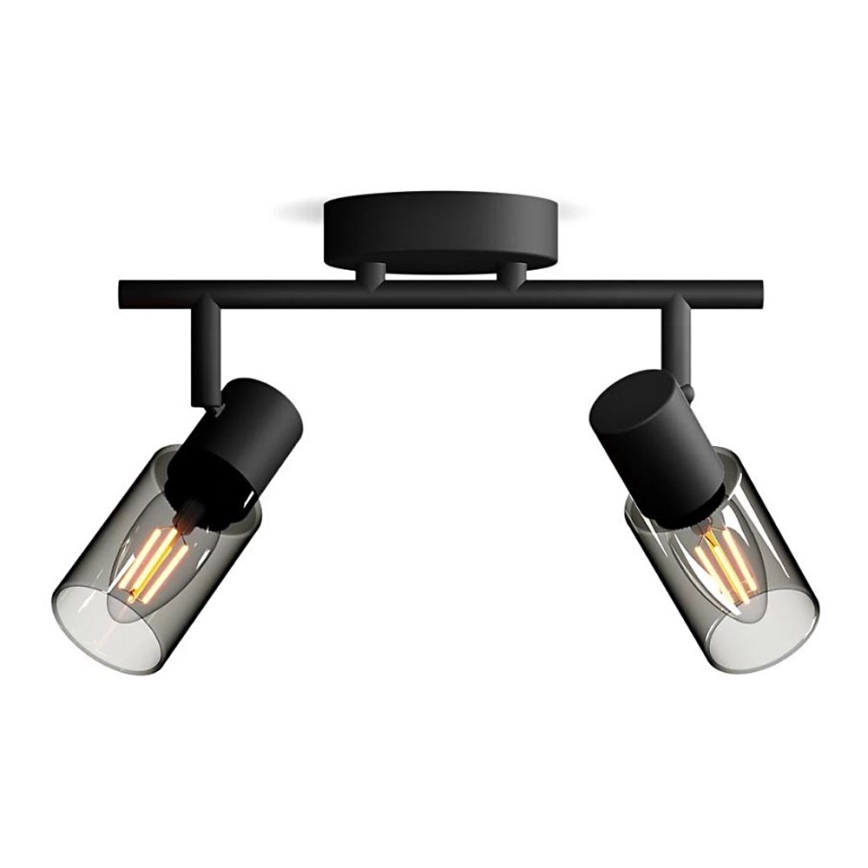 Dvojité stropné svietidlo s čiernym kovovým ramenom a dvoma otočnými reflektormi s dymovým skleneným valcom a LED žiarovkou. Svietidlo je pripevnené k stropu.