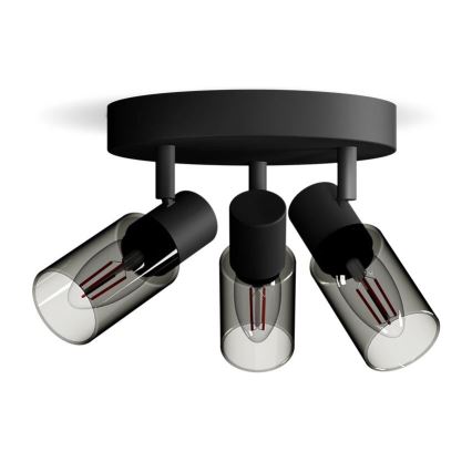 Trojramenné stropné svietidlo s čiernym podstavcom a tromi sklenenými tienidlami osvetľuje priestor. Každé tienidlo obsahuje žiarovku. Svietidlo je pripevnené k stropu.