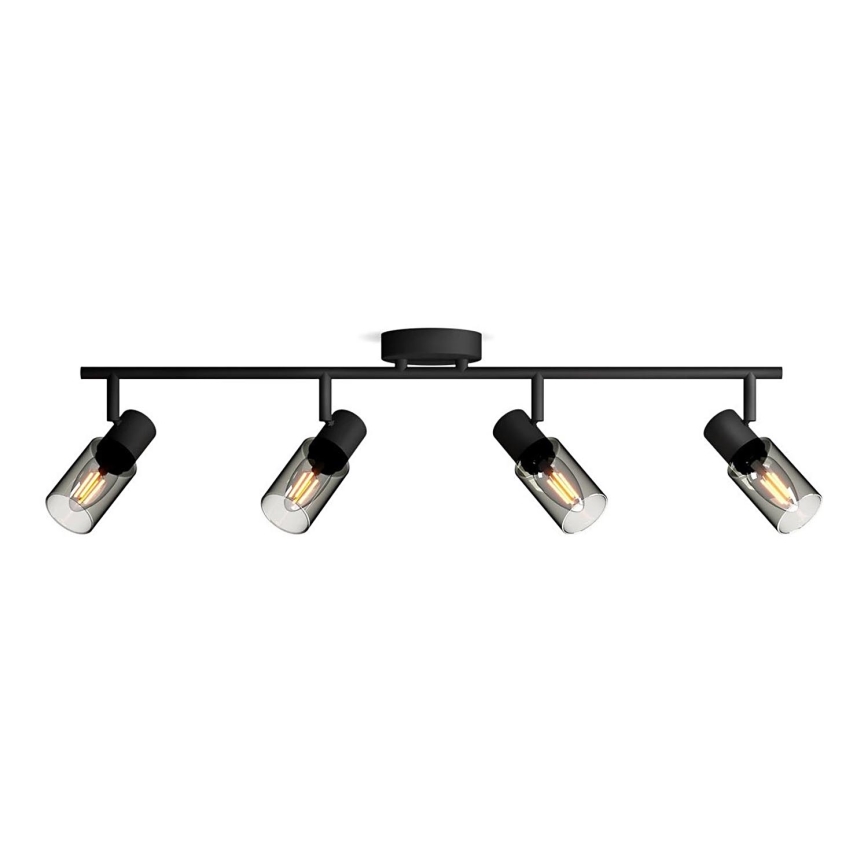 Čierno sfarbená stropná lampa s tromi otočnými bodovými svetlami so sklenenými tienidlami a žiarovkami s vláknom. Lampa je pripevnená k stropu pomocou kruhového držiaka. Svetelný zdroj sa nachádza v čírych sklenených valcoch.