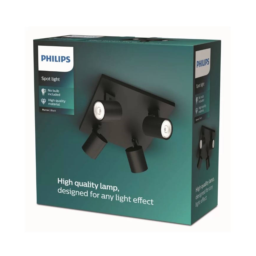 Čierno-sfarbené štvorbodové stropné svietidlo Philips s nastaviteľnými ramenami je zobrazené na obale. Balenie uvádza: Spot light, No bulb included, High quality material, Runner | Black. Svietidlo je navrhnuté pre akýkoľvek svetelný efekt.