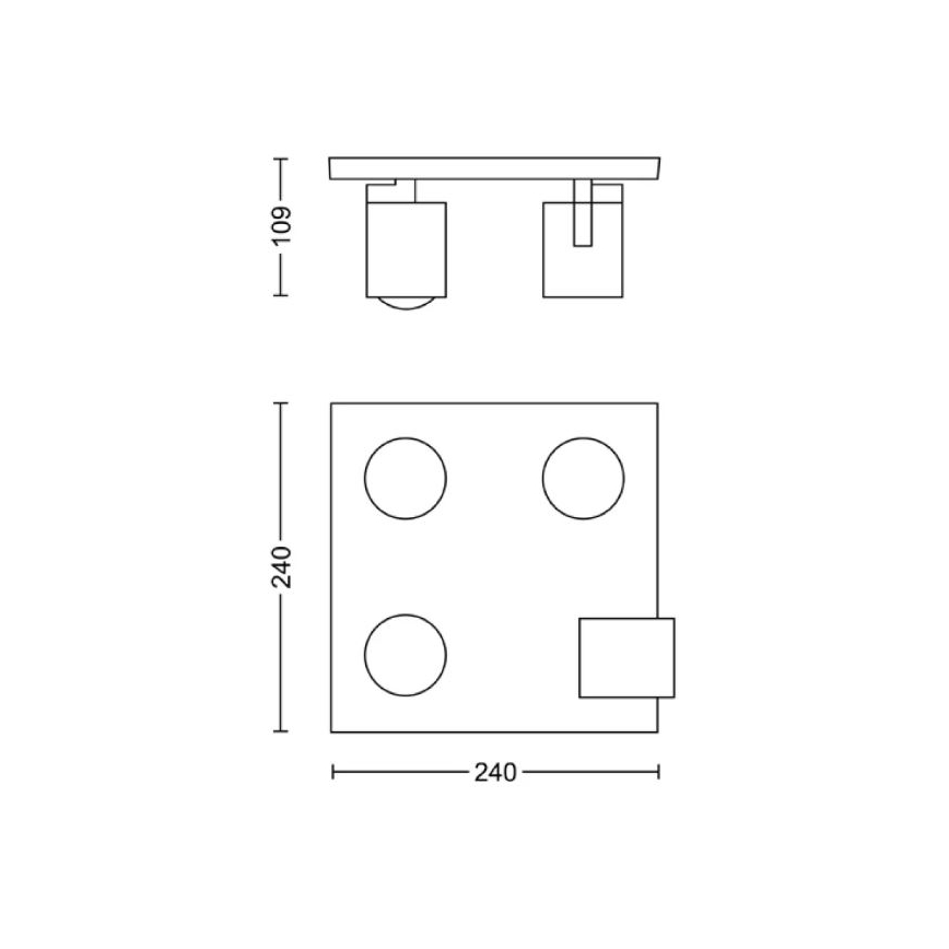 Technický výkres stropného svietidla zobrazuje dva typy inštalácie: dve samostatné svietidlá na tyči (109 mm výška) a variant s tromi kruhovými svetlami a jedným štvorcovým prvkom v štvorcovej základni (240 x 240 mm).