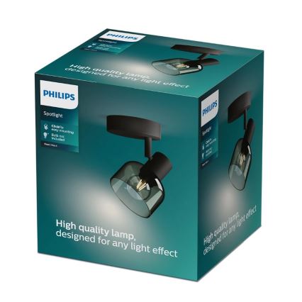 Balenie s nástenným bodovým svetlom Philips. Svetlo je čierne s hnedým skleneným tienidlom. Balenie udáva jednoduchú montáž systémom ClickFix, žiarovka nie je súčasťou balenia.