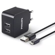 Philips DLP2307U/12 - Nabíjací adaptér 2xUSB/15,5W/230V + kábel micro USB 1m
