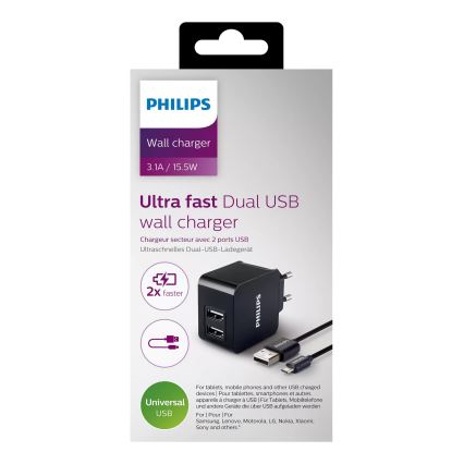 Philips DLP2307U/12 - Nabíjací adaptér 2xUSB/15,5W/230V + kábel micro USB 1m