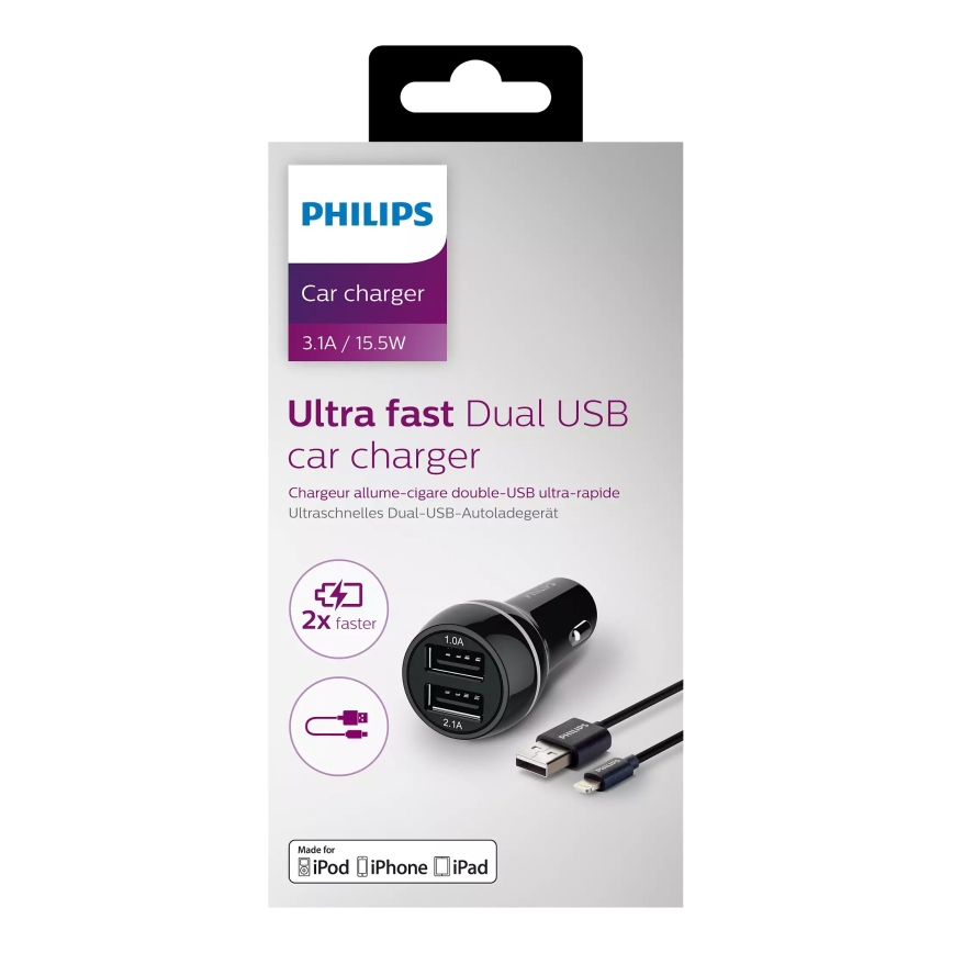 Philips DLP2357V/10 -Nabíjačka do auta 2xUSB/12V + kábel USB/lightning konektor
