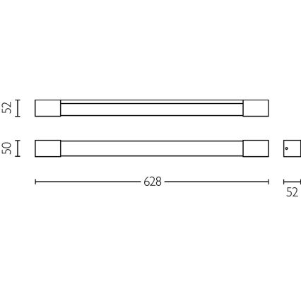 Dve rovné svietidlá s rozmermi 628 x 50 a 628 x 52 mm sú zobrazené s technickými rozmermi. Súčasťou obrázka je aj detailný pohľad na koncovku svietidla s rozmerom 52 mm.
