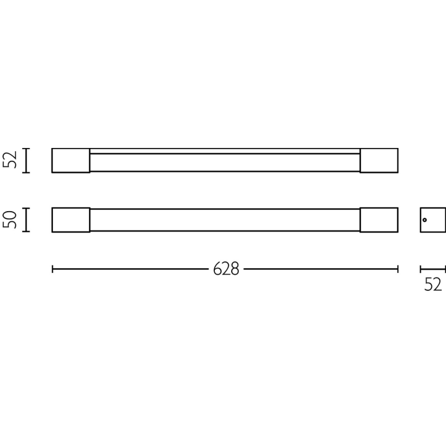 Dve rovné svietidlá s rozmermi 628x50 a 628x52 mm sú zobrazené v technickom výkrese. Každé má štvorcové zakončenia. Výkres obsahuje rozmerové údaje.