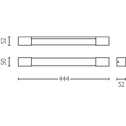 Dve rovné svietidlá s rozmermi 50 a 52 mm na výšku a 444 mm na dĺžku, znázornené s detailom ukončenia. Súčasťou výkresu je i detail koncovky s rozmerom 52 mm.