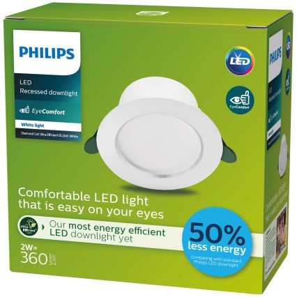 Balenie LED svietidla Philips s bielym svetlom, typu zapustené svietidlo. Svietidlo je energeticky úsporné (50% menej energie), s funkciou EyeComfort. Balenie je zelené a biele.