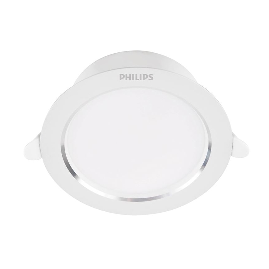 Svietidlo Philips je zobrazené zhora. Má biely plastový kryt s tenkým strieborným lemom a dvoma malými výstupkami na bokoch. Na vrchu je vyrazené logo PHILIPS.