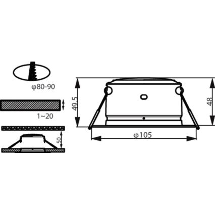 Technický výkres zapusteného svietidla s priemerom 105 mm. Svietidlo je zobrazené v profile s rozmermi 49,5 x 48 mm. Súčasťou výkresu sú aj detaily s rozmermi priemeru 80-90 mm, 1-20 mm a 50 mm.
