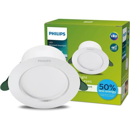 Svietidlo Philips LED, zabudované do stropu, je umiestnené vedľa svojej obalovej krabice. Krabica uvádza: LED Recessed downlight, EyeComfort a 50% less energy comparing with standard Philips LED downlight.