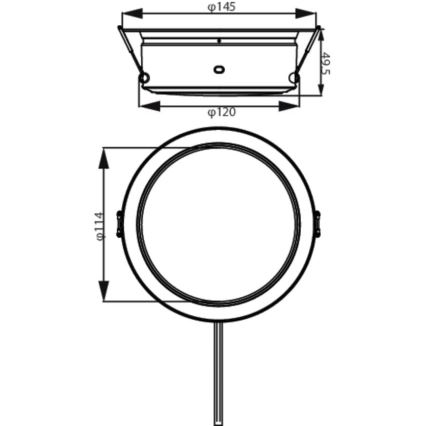 Technický výkres stropného svietidla zobrazuje jeho rozmery: priemer 145 mm, výška 49,5 mm a priemer vnútornej časti 120 mm. Druhá časť výkresu zobrazuje bočný pohľad s priemerom 114 mm a výstupkom pre montáž.