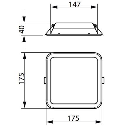 Technický výkres zobrazuje štvorcovú svietidlovú zostavu. Zostava má rozmery 175 x 175 x 40 mm, a zapustená časť má 147 mm.