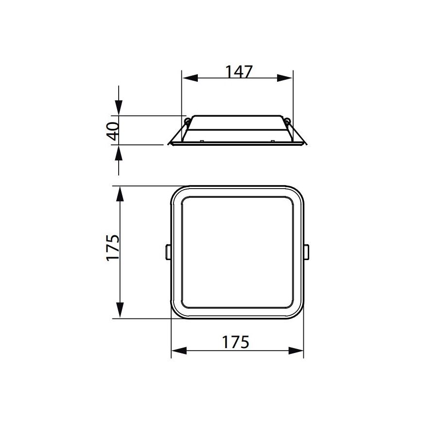 Technický výkres zobrazuje štvorcovú svietidlovú zostavu. Zostava má rozmery 175 x 175 x 40 mm, a zapustená časť má 147 mm.