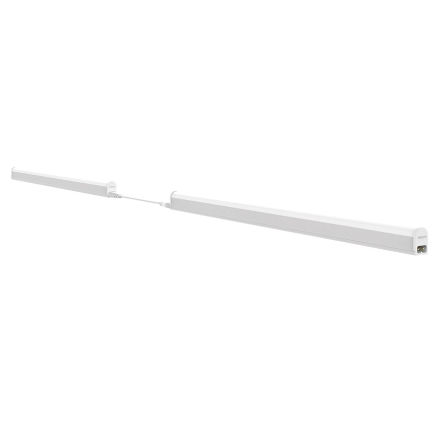 Dve LED trubicové svietidlá sú spojené káblom. Svietidlá sú umiestnené horizontálne na bielom pozadí.