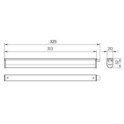 Svietidlo s rozmermi 325 x 313 x 20/32 mm je znázornené v čelnom a bočnom pohľade s detailom konektora. Je zobrazené schematicky, s uvedenými rozmermi.