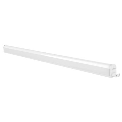 LED trubica svieti na bielom pozadí. Na konci trubice je viditeľný nápis PHILIPS a zástrčka.