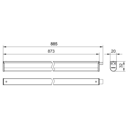 LED svietidlo s rozmermi 885 x 20 x 32 mm (dĺžka x šírka x výška) je zobrazené v technickom výkrese. Výkres ukazuje celkový pohľad a detail koncového pripojenia. Sú uvedené aj rozmery 873 mm pre samotné svietidlo.