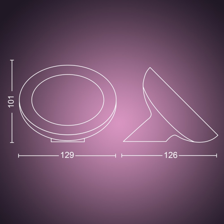 Dve svietidlá, jedno okrúhle, druhé tvaru misky, sú zobrazené s rozmermi 101 x 129 mm a 126 mm. Sú schematicky znázornené na fialovom pozadí.