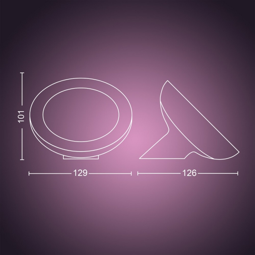 Dva kruhové svetlá, jedno ploché, druhé kužeľovité, sú zobrazené s rozmermi 101x129 a 126 mm. Technická schéma zobrazuje rozmery svietidiel.