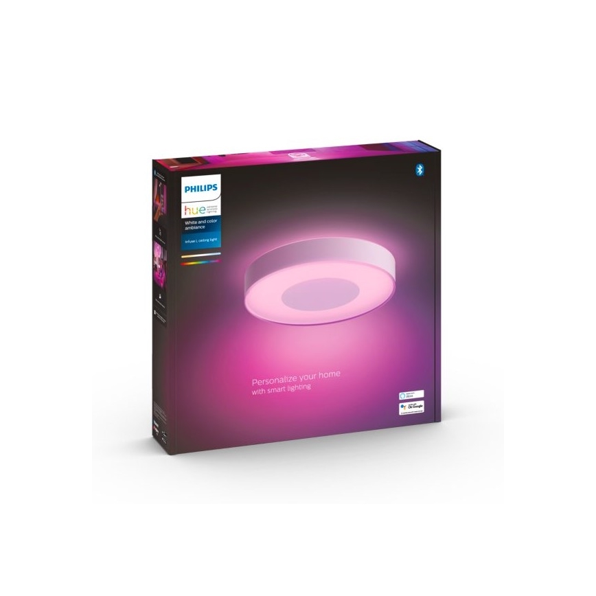 Okrúhle stropné svetlo Philips Hue svieti ružovým svetlom. Balenie zobrazuje svetlo a text: „Personalize your home with smart lighting“.