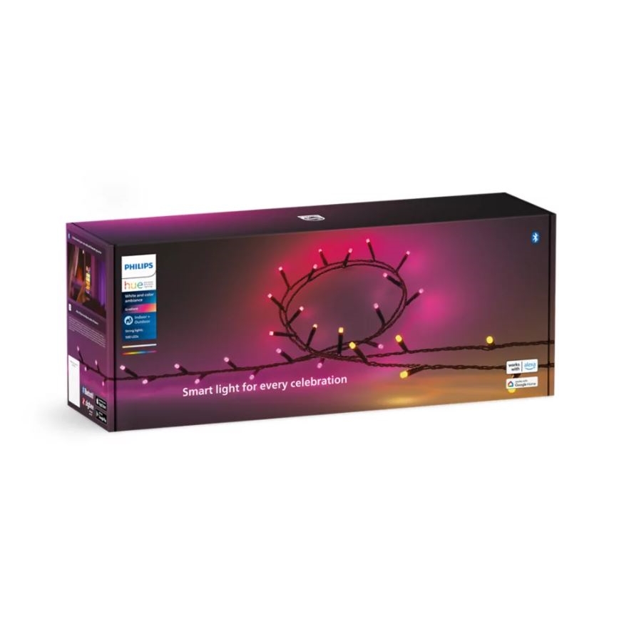 Balenie inteligentných svetiel Philips Hue s farebnými LED diódami v rôznych odtieňoch ružovej a žltej. Svetlá sú zobrazené ako ozdobné osvetlenie. Na balení je uvedené: „Smart light for every celebration“.