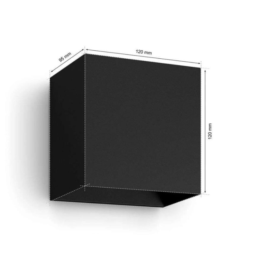 Čierna nástenná lampa tvaru kocky s rozmermi 95 x 120 x 120 mm je zobrazená na bielom pozadí.