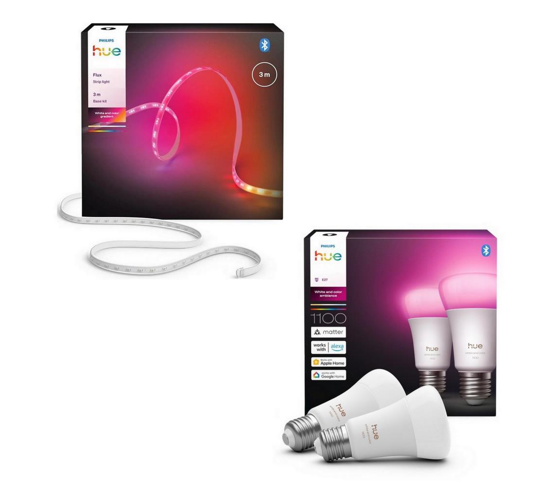 Philips - LED RGBW stmievateľný LED pás Hue FLUX 3 m LED/12W/230V + 2× inteligentná žiarovka E27/8,1W P7051+P7036