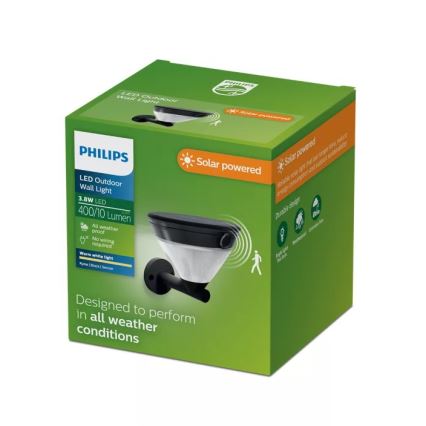 Philips - LED solárne nástenné svietidlo so senzorom KYNA LED/3,8W/3,7V 800 mAh 2700K IP44 čierna