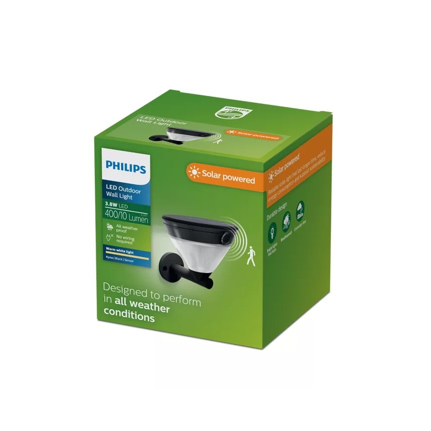 Philips - LED solárne nástenné svietidlo so senzorom KYNA LED/3,8W/3,7V 800 mAh 2700K IP44 čierna