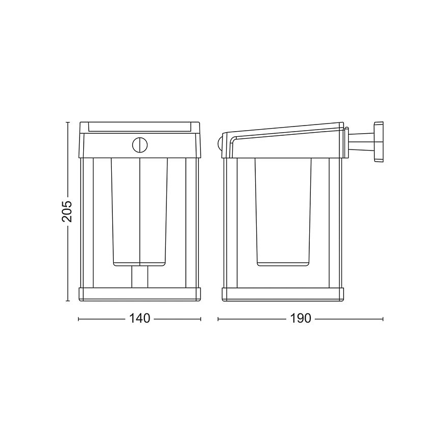 Nástené svietidlo s rozmermi 205 x 140 mm (prvý pohľad) a 205 x 190 mm (druhý pohľad) je zobrazené v čelnom a bočnom pohľade s detailom montáže. Svietidlo obsahuje vnútorný svetelný zdroj.