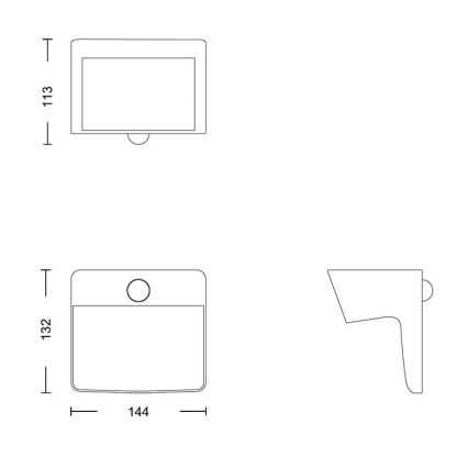 Technické výkresy nástenného umývadla. Zobrazené sú čelné a bočné pohľady s rozmermi: 144 x 132 mm (spodný výkres) a 113 mm (horný výkres).