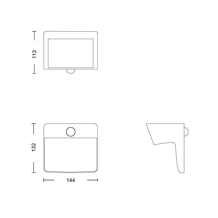 Technické výkresy nástenného umývadla. Zobrazené sú čelné a bočné pohľady s rozmermi: 144 x 132 mm (spodný výkres) a 113 mm (horný výkres).