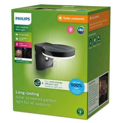Solárny nástenný LED svetelný zdroj Philips s detektorom pohybu je zobrazený na obale. Svetelný zdroj je energeticky úsporný, odolný voči poveternostným vplyvom a ponúka dve úrovne jasu. Obal uvádza, že svetlo vydrží o 500 % dlhšie.