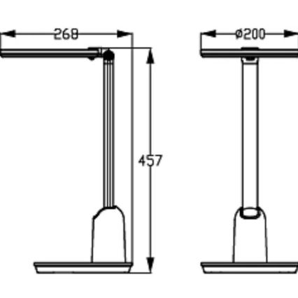 Dve technické ilustrácie stolovej lampy s rozmermi: 268 x 457 mm a Ø200 mm. Lampy sú znázornené z boku a zhora.