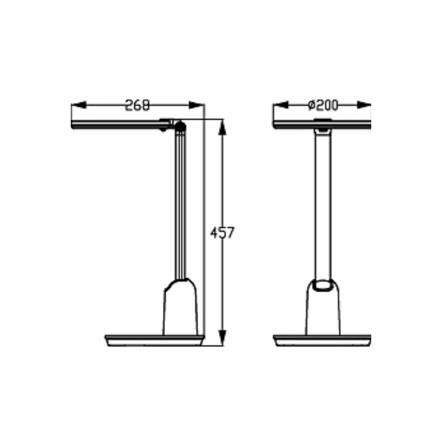 Dve technické ilustrácie stolovej lampy s rozmermi: 268 x 457 mm a Ø200 mm. Lampy sú znázornené z boku a zhora.