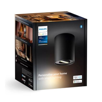 Čierne inteligentné stropné svietidlo Philips Hue Pillar sa nachádza v krabici. Krabica obsahuje popis svietidla a informácie o kompatibilite s aplikáciami Alexa a Google Home. Svietidlo umožňuje personalizáciu domáceho osvetlenia.
