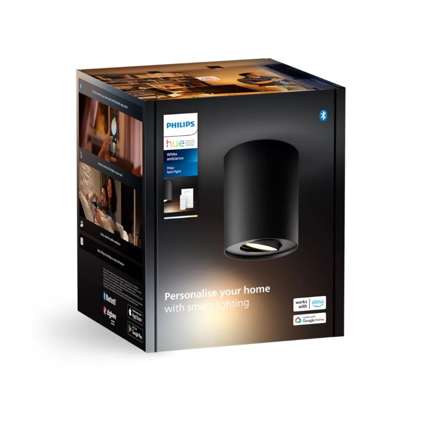 Čierna stropná lampa Philips Hue je zobrazená na obale. Balenie zobrazuje možnosti použitia a kompatibilitu s Alexa a Google Home. Text na obale: „Personalise your home with smart lighting“.