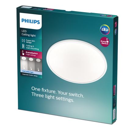 Balenie LED stropného svetla Philips Superslim CL550 bielej farby zobrazuje oválne svetlo. Možnosť montáže na stenu alebo strop. Tri svetelné režimy ovládané jedným vypínačom.