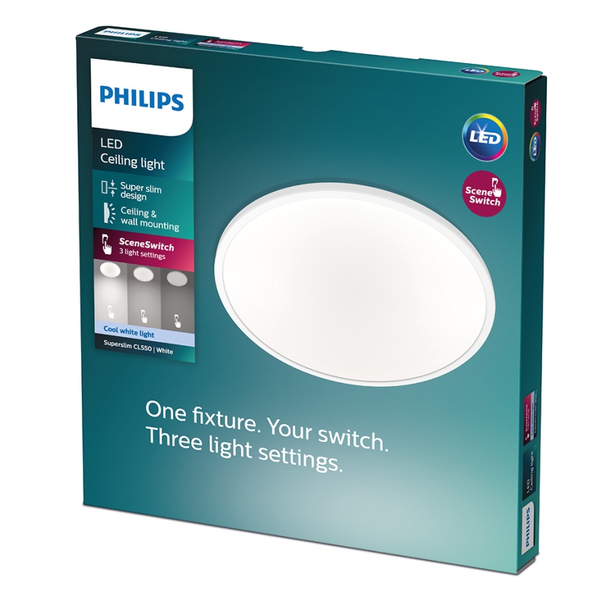 Balenie LED stropného svetla Philips Superslim CL550 bielej farby zobrazuje oválne svetlo. Možnosť montáže na stenu alebo strop. Tri svetelné režimy ovládané jedným vypínačom.