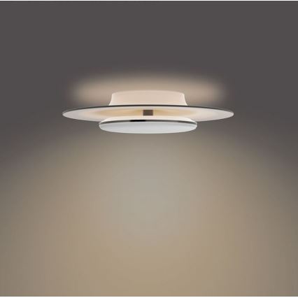 Svietidlo svieti na strope. Dve ploché, kruhové dosky, horná priesvitná, dolná biela, sú navzájom prepojené. Svetlo sa šíri smerom dole, osvetľujúc okolité steny.