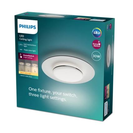 LED stropné svietidlo Philips Gamet CL590, zobrazené na obale, ponúka tri svetelné nastavenia ovládateľné jedným vypínačom. Balenie obsahuje informácie o 30W LED technológii, mäkkom a harmonickom svetle a troch zónach osvetlenia.