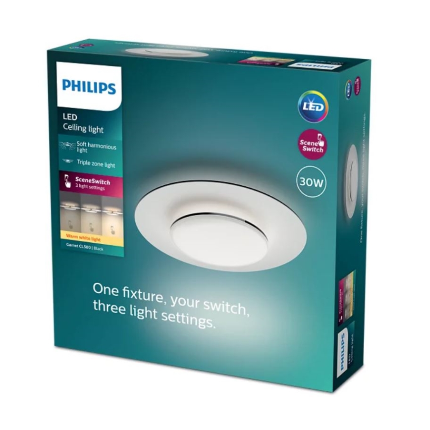 LED stropné svietidlo Philips Gamet CL590, zobrazené na obale, ponúka tri svetelné nastavenia ovládateľné jedným vypínačom. Balenie obsahuje informácie o 30W LED technológii, mäkkom a harmonickom svetle a troch zónach osvetlenia.