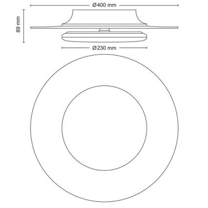 Technický nákres stropného svietidla s priemerom 400 mm a výškou 89 mm. Svietidlo má vnútorný kruh s priemerom 230 mm. Nákres obsahuje rozmery v milimetroch.