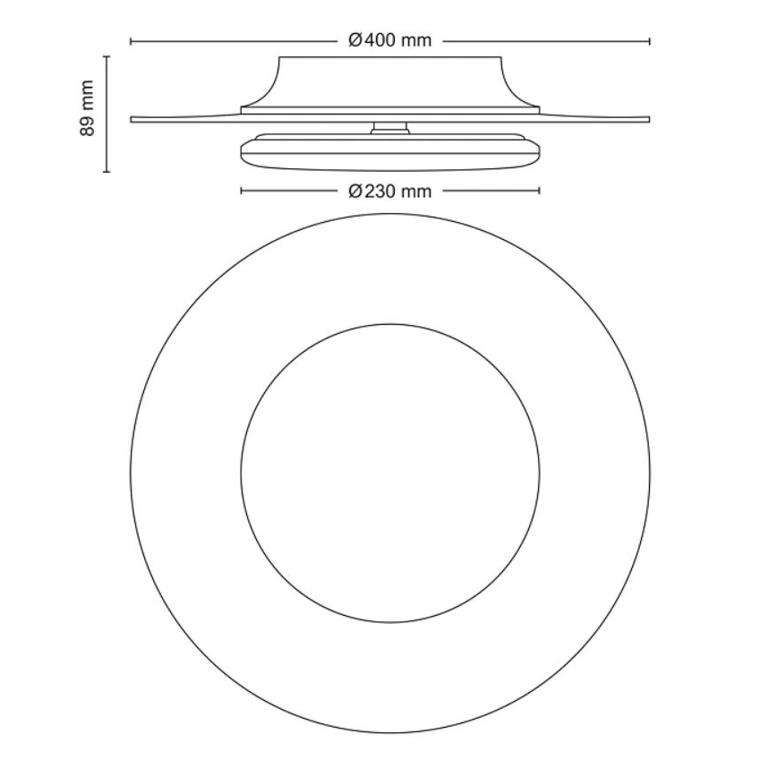 Technický nákres stropného svietidla s priemerom 400 mm a výškou 89 mm. Svietidlo má vnútorný kruh s priemerom 230 mm. Nákres obsahuje rozmery v milimetroch.